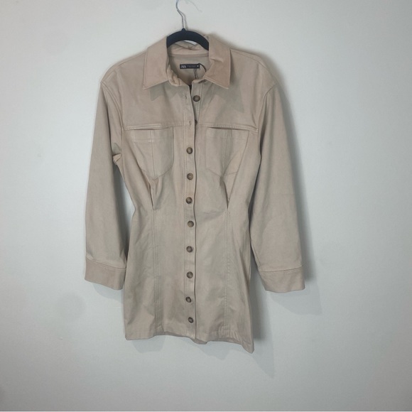 NWOT | Zara Faux Suede Button Up Mini Dress - Tan - Medium - Picture 6 of 10